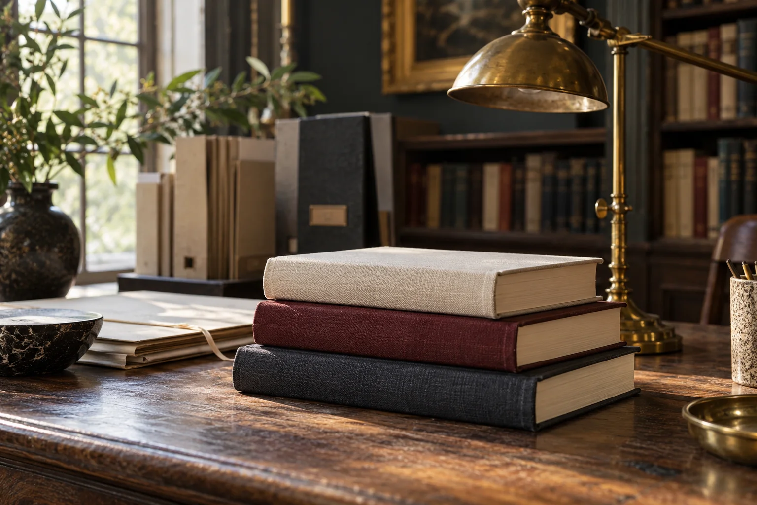 Unbranded clothbound books and archive folders beside a reading lamp