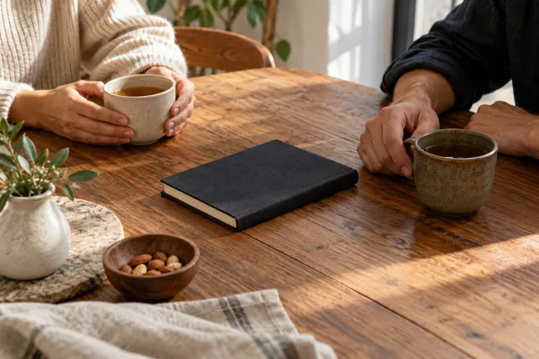 Two anonymous hands beside tea cups and a notebook