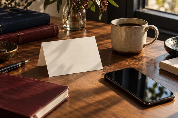A folded note beside a phone and ceramic cup