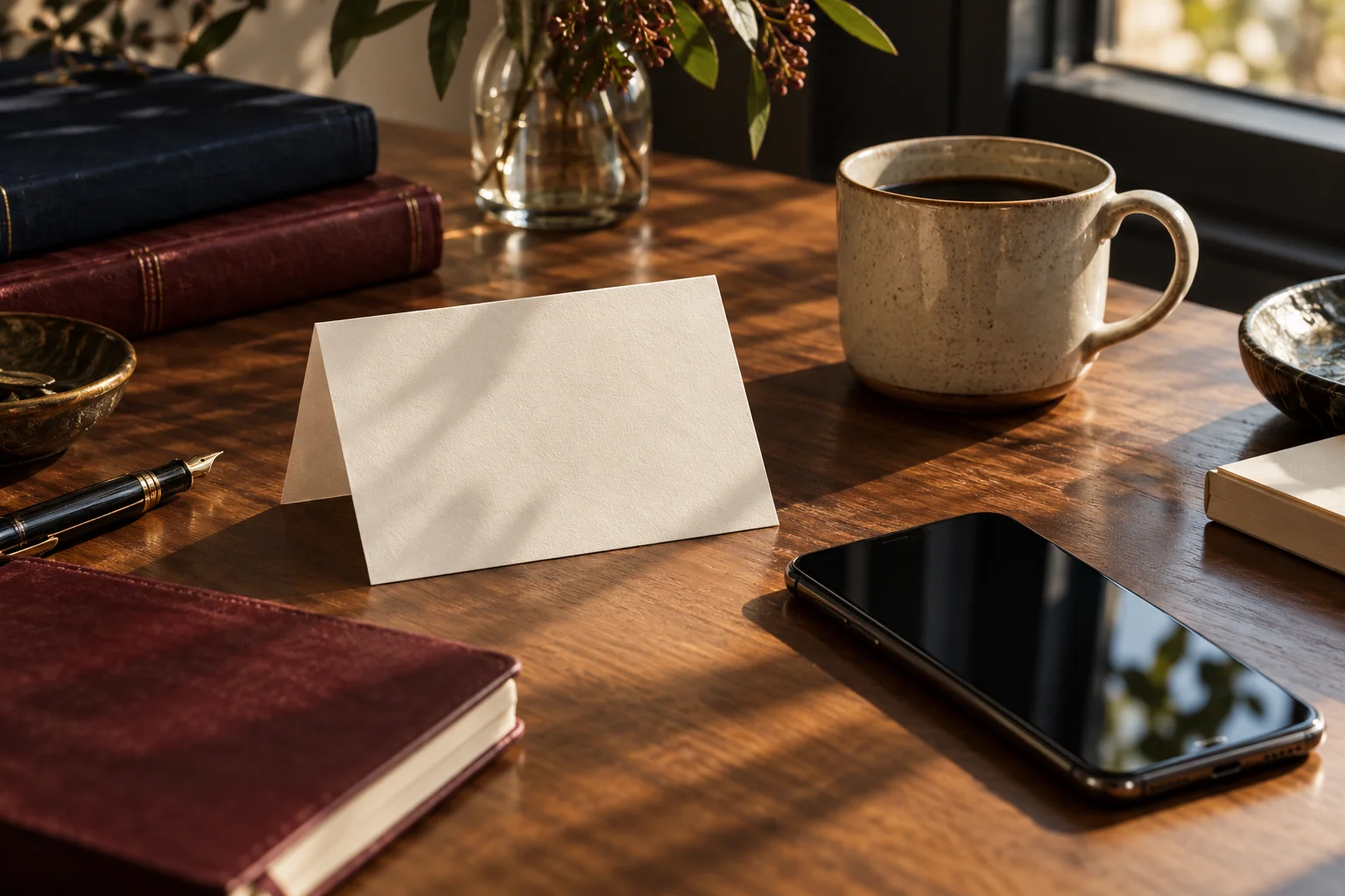 A folded note beside a phone and ceramic cup