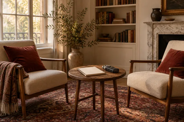 Two empty chairs beside a table with a notebook and recorder