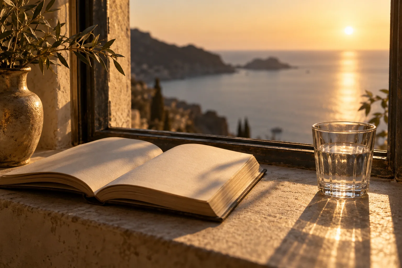 Illustrative open book on a windowsill overlooking the sea