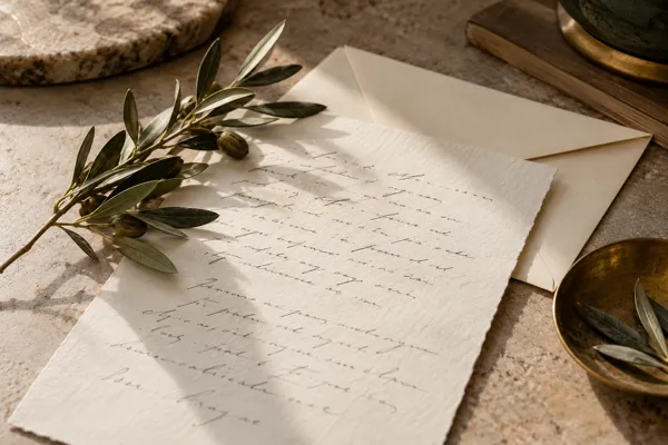 A cream letter and envelope beside an olive branch
